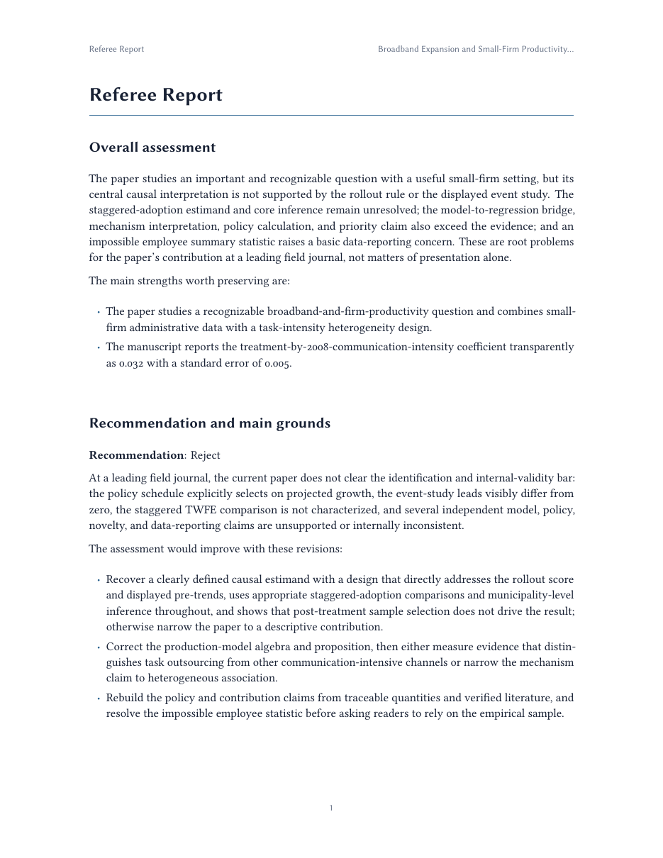 First page of a sample AI referee report on an economics paper: overall assessment, recommendation, and main grounds