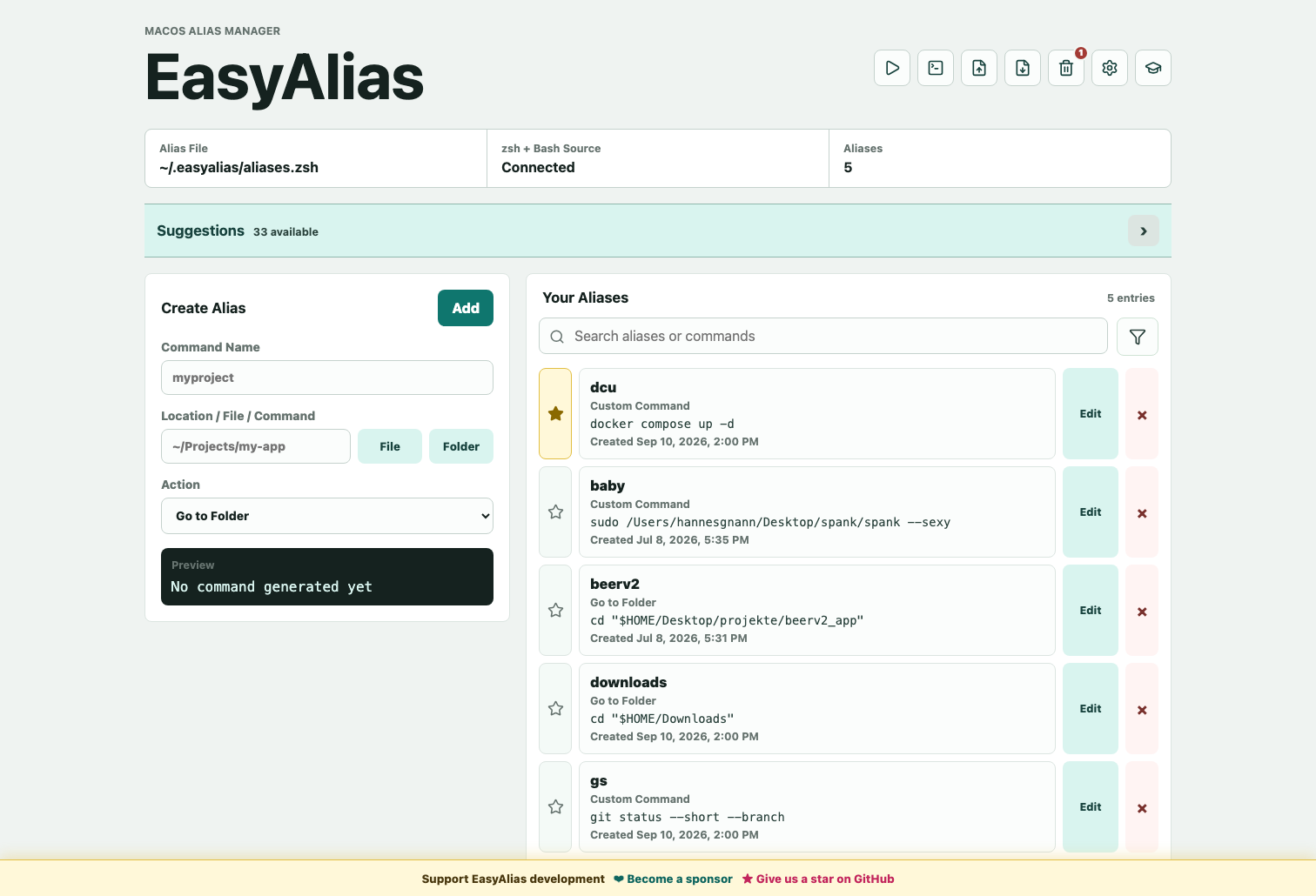 Current EasyAlias dashboard with alias search, filters, favorites, and workflow controls