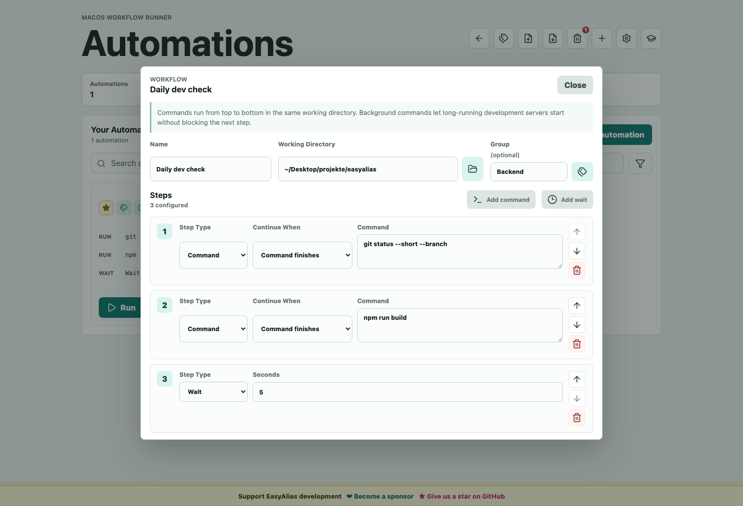 Automation editor with ordered command and wait steps