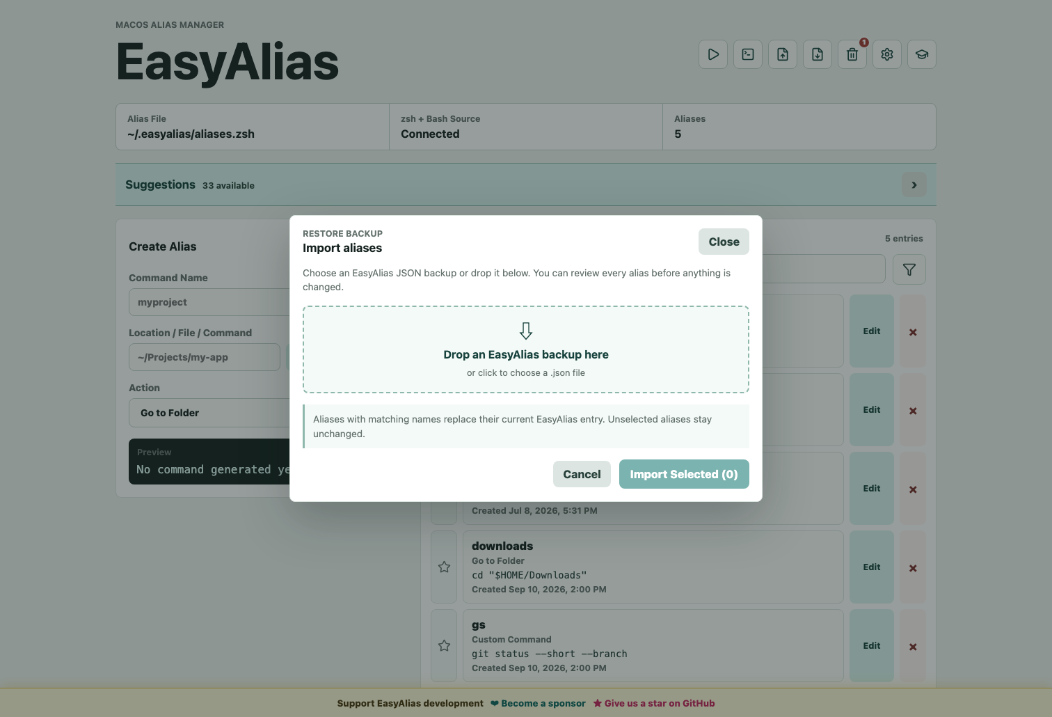 Dropping an EasyAlias JSON backup into the import dialog