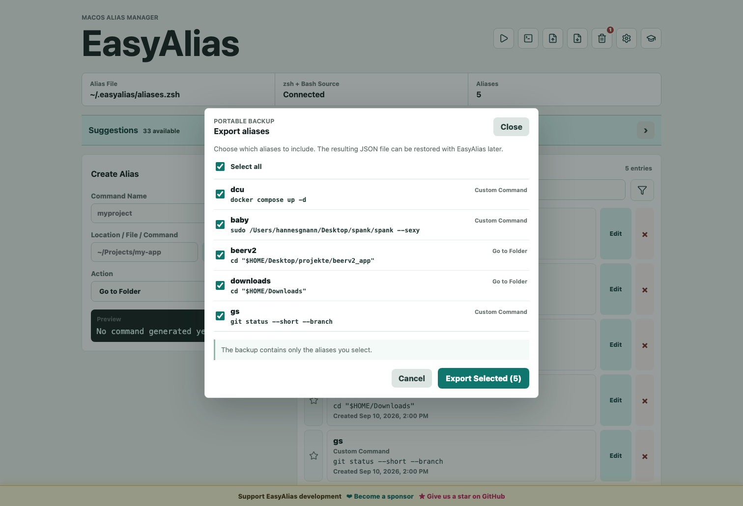 Selecting aliases for an EasyAlias JSON export