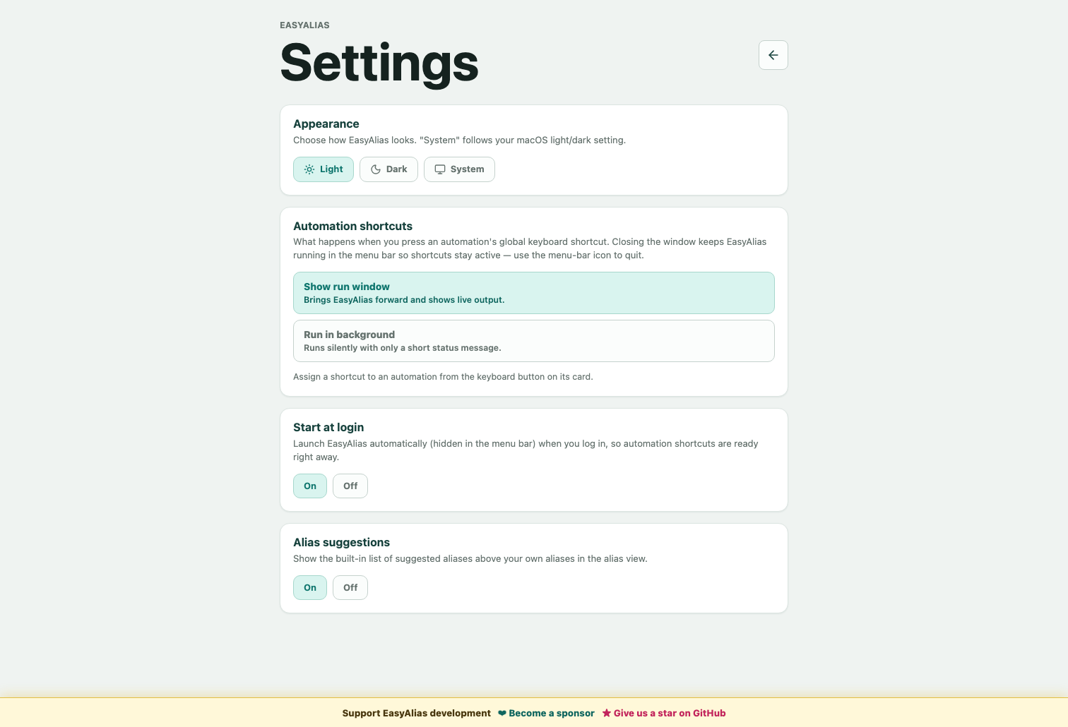 EasyAlias settings for appearance, behavior, and startup