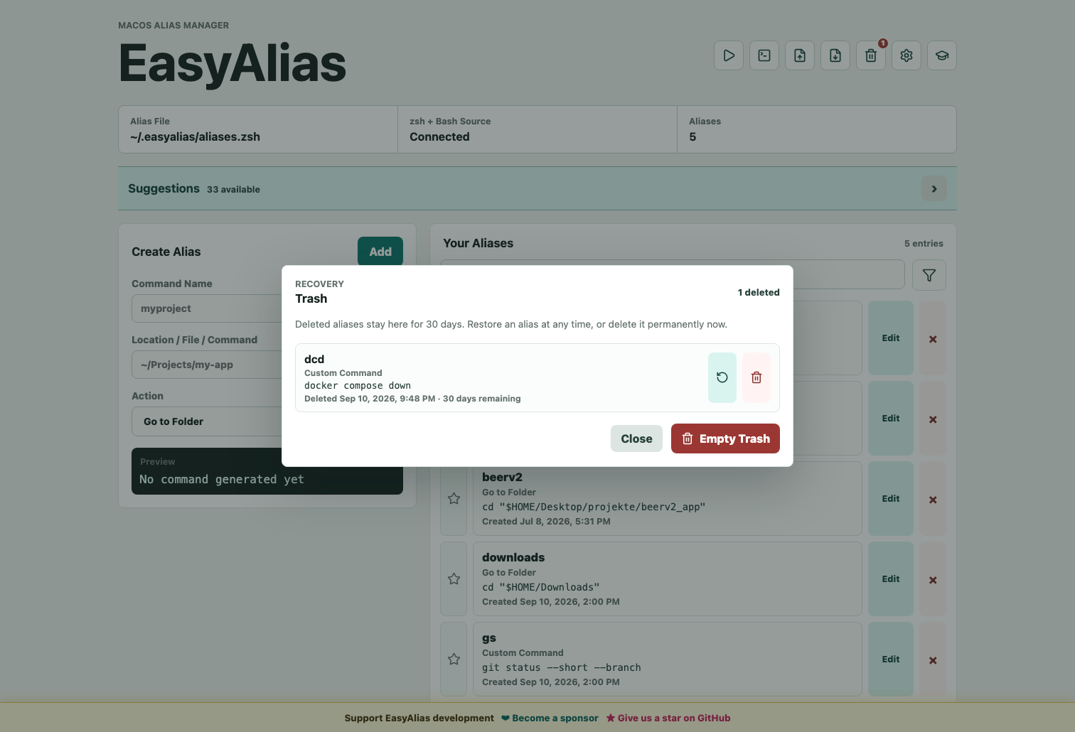 EasyAlias Trash with restore and permanent delete controls