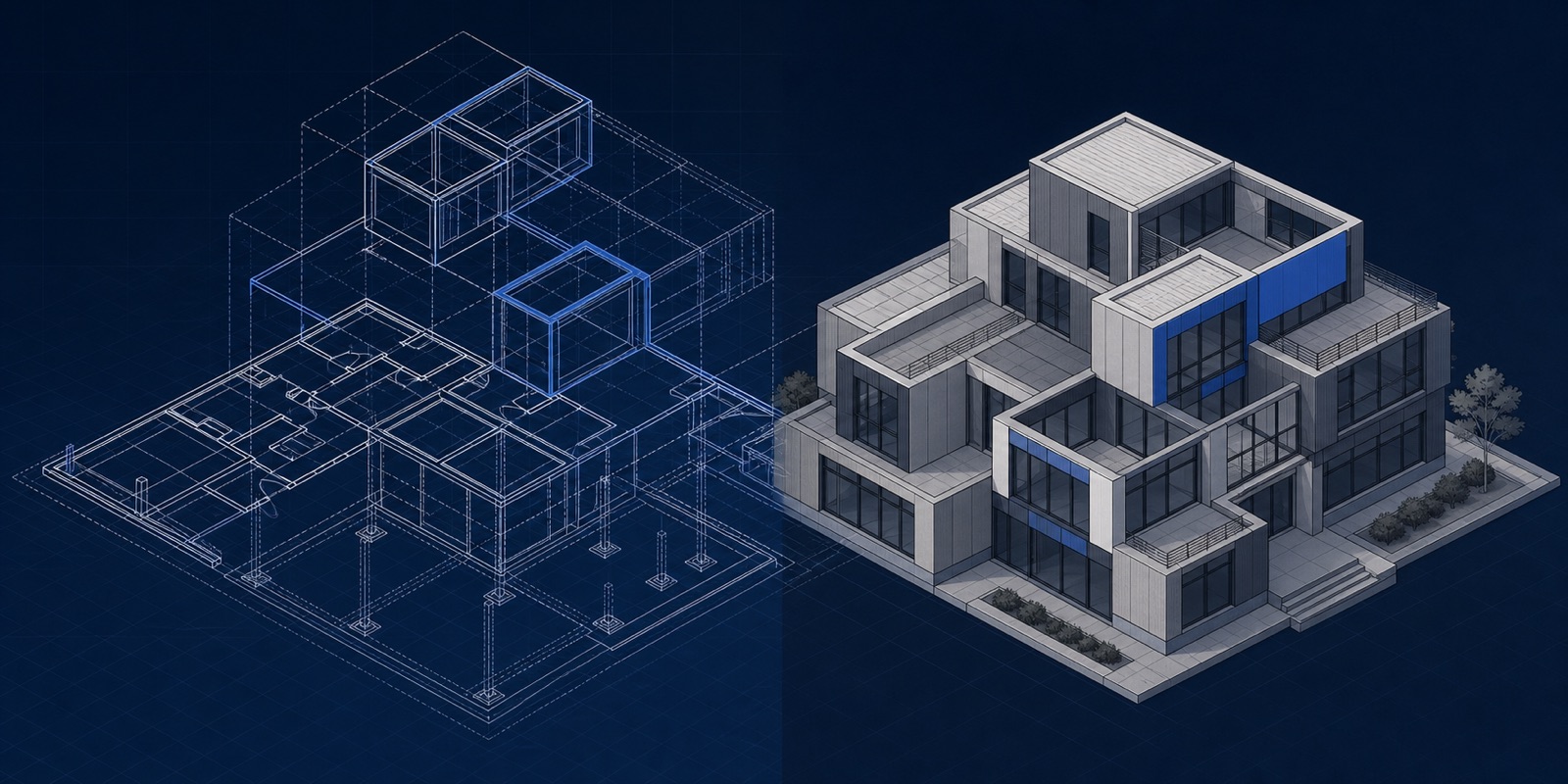 An isometric illustration: on the left, a building drawn as a blueprint with structural decisions still being made; on the right, the same building finished and standing