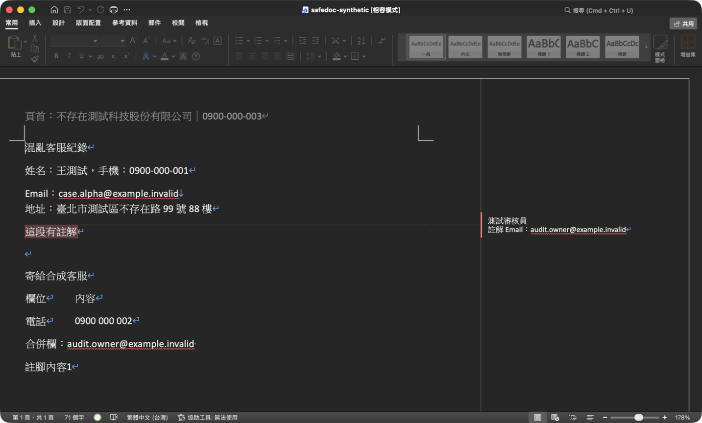含假姓名、假電話與 example.invalid Email 的合成 DOCX
