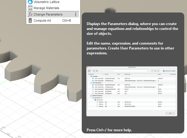 Change Parameters dialog