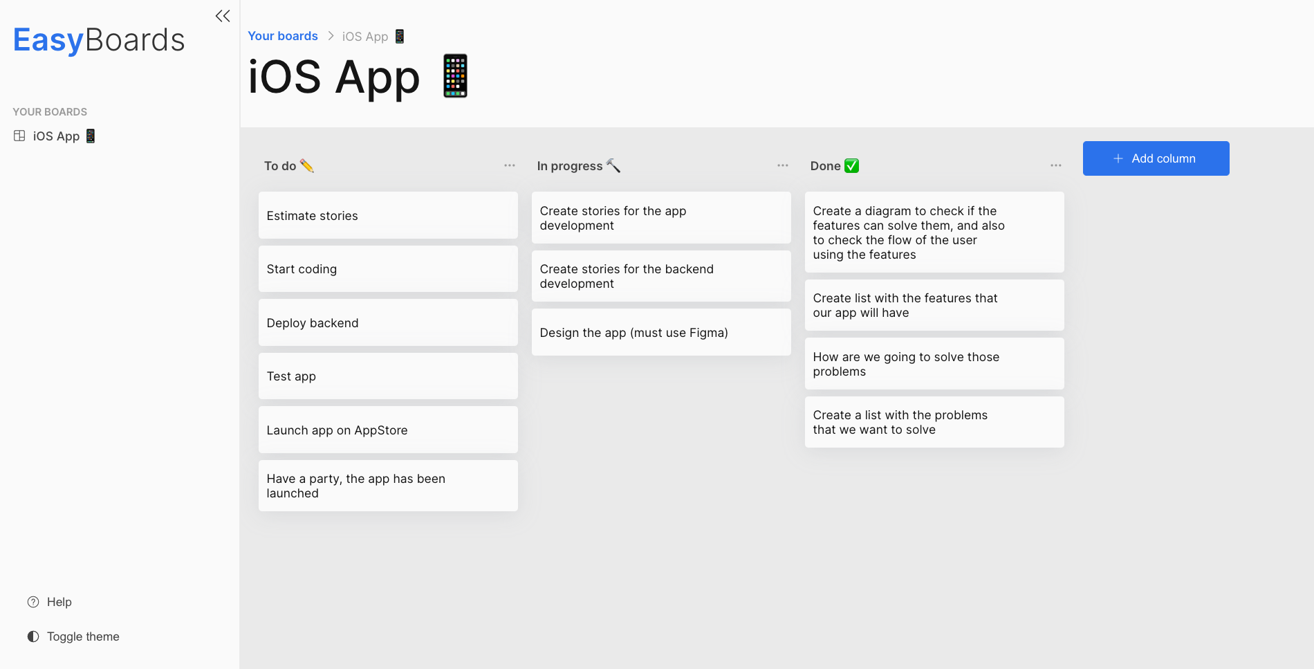 A board called iOS App, with three columns and some tasks.