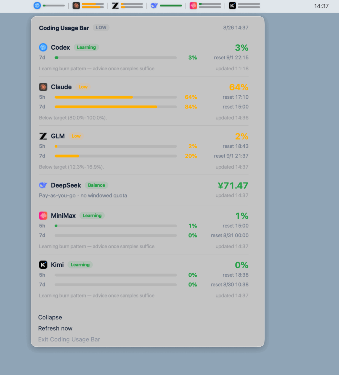 Coding Usage Bar showing Claude Code, Codex, GLM, DeepSeek, MiniMax, and Kimi plan usage in the macOS menu bar