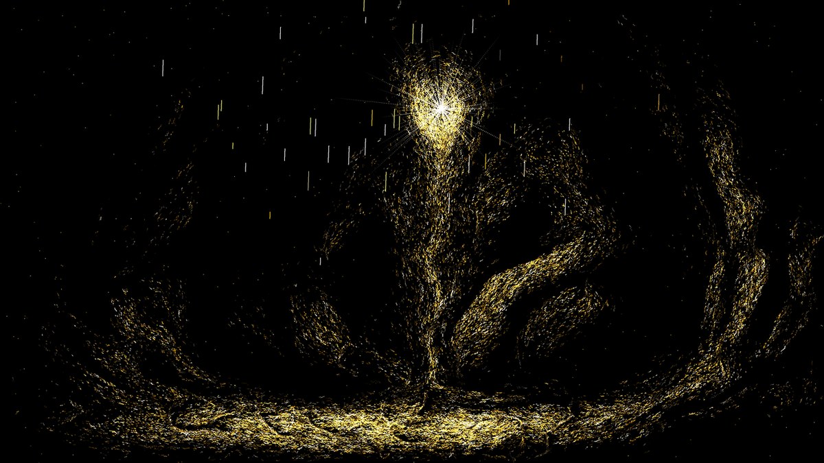 A golden particle giant in a cave