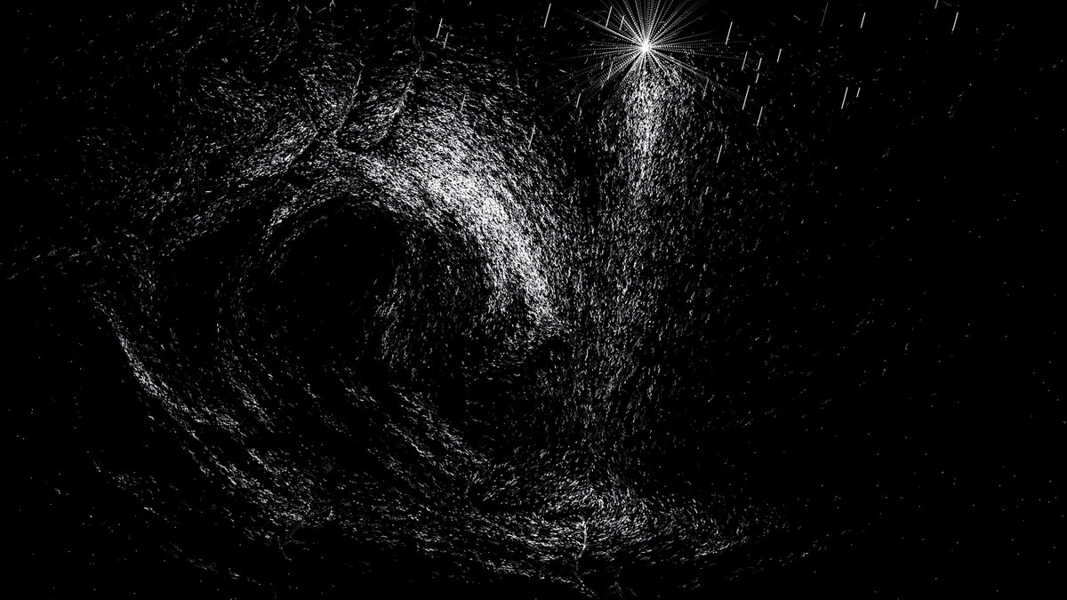 A breaking wave rendered in white particle strokes