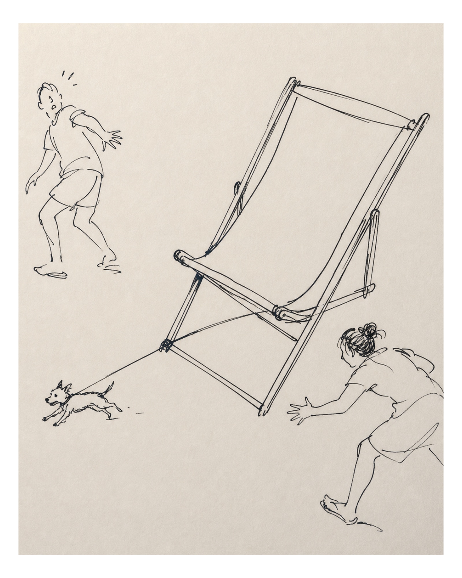 A small dog dragging a large deck chair between two people