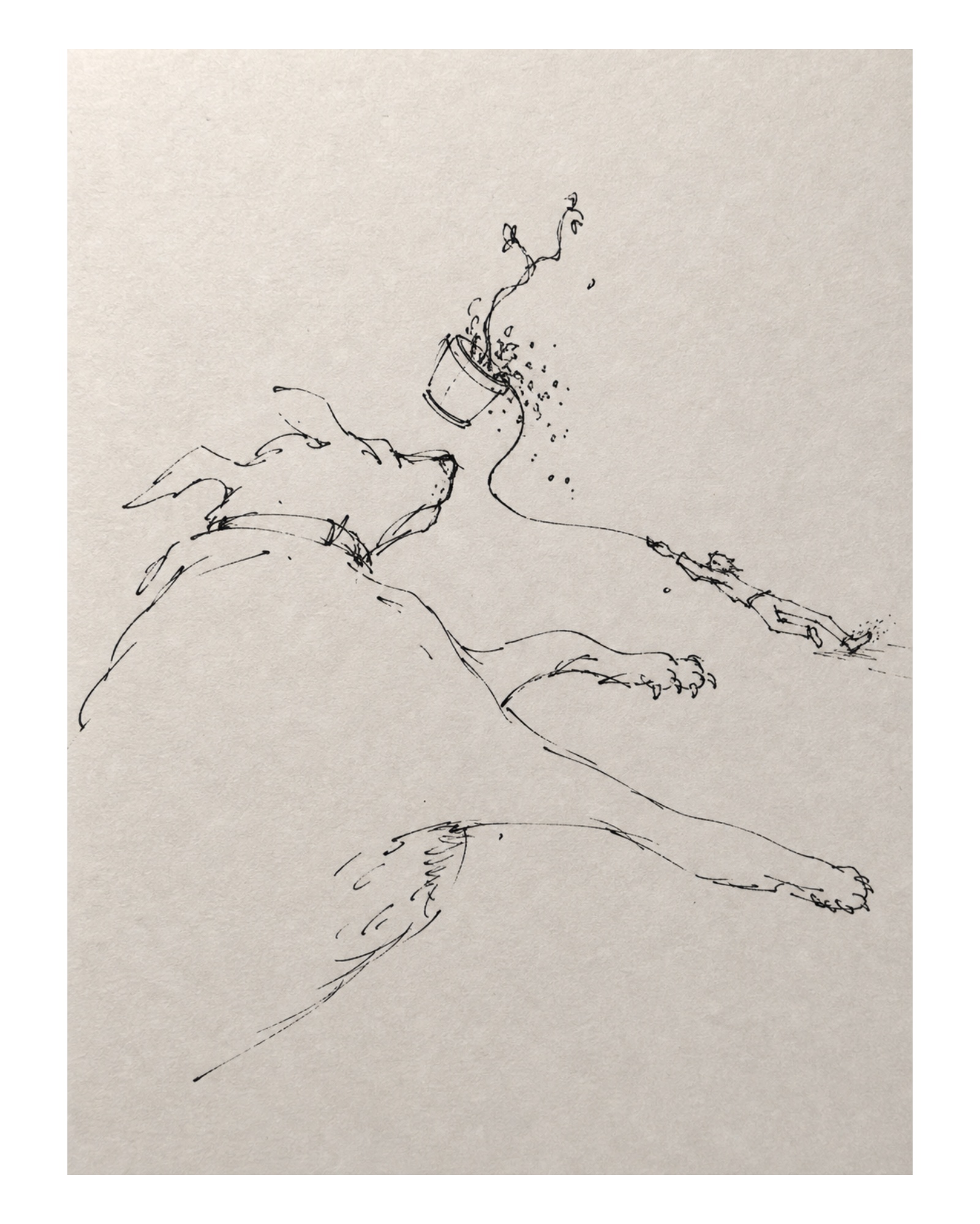 A giant dog pulling a person past a falling planter
