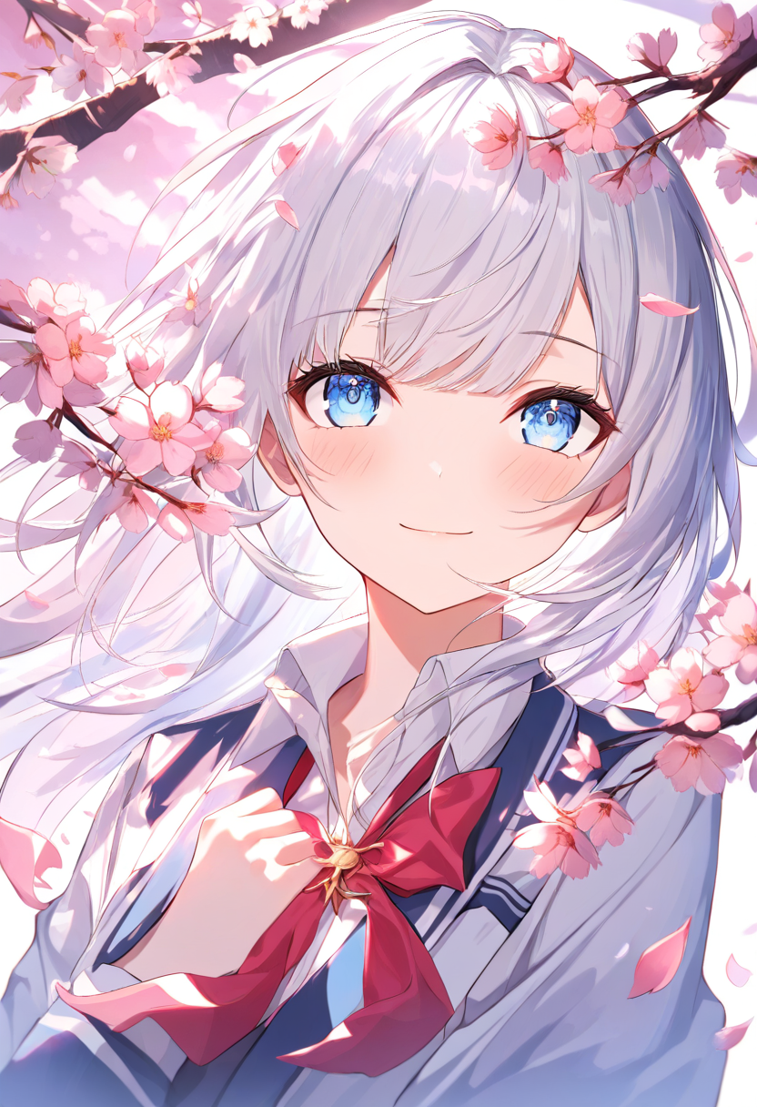 Anime girl with silver hair and blue eyes under cherry blossoms