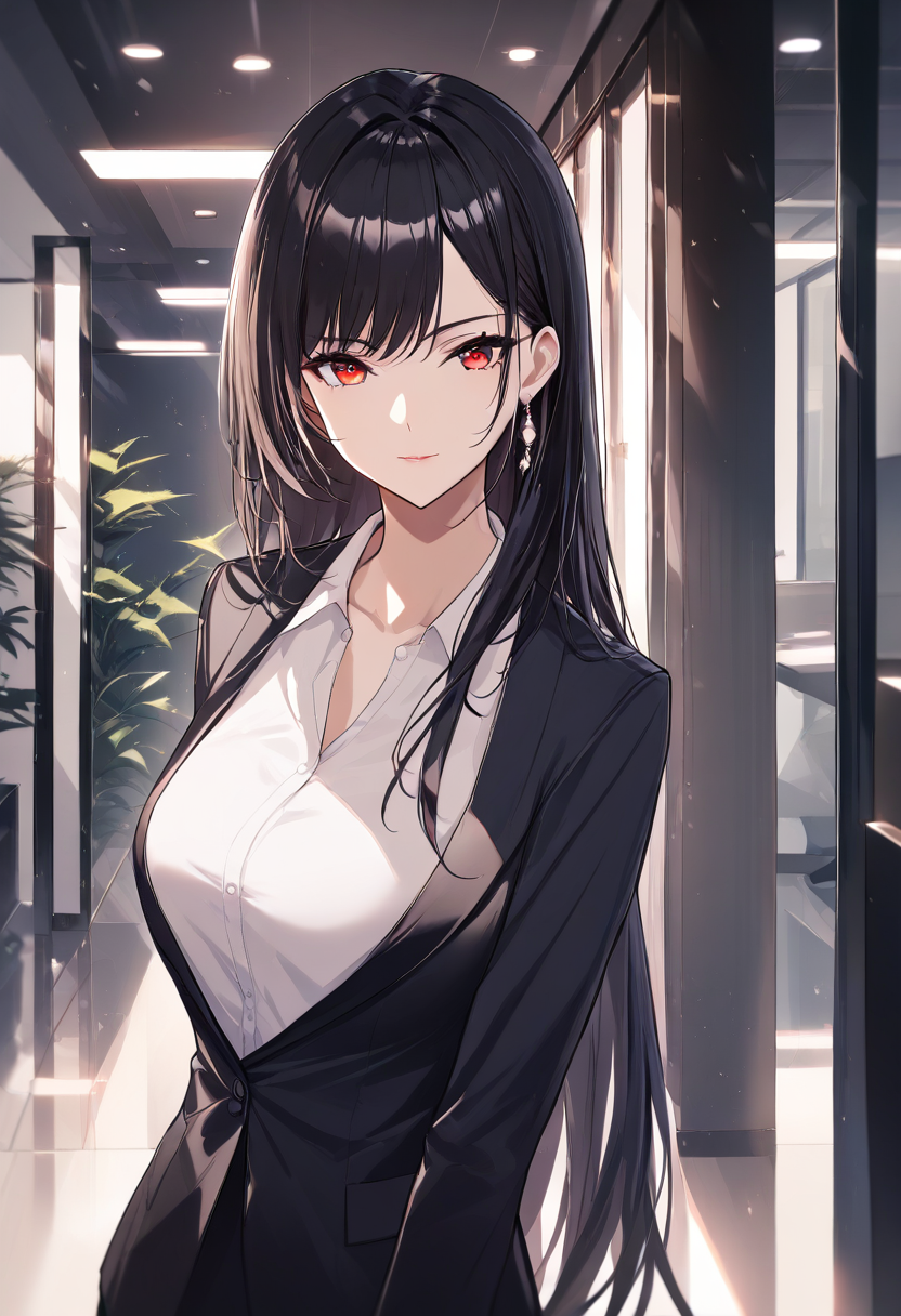 Anime office lady with long black hair and red eyes