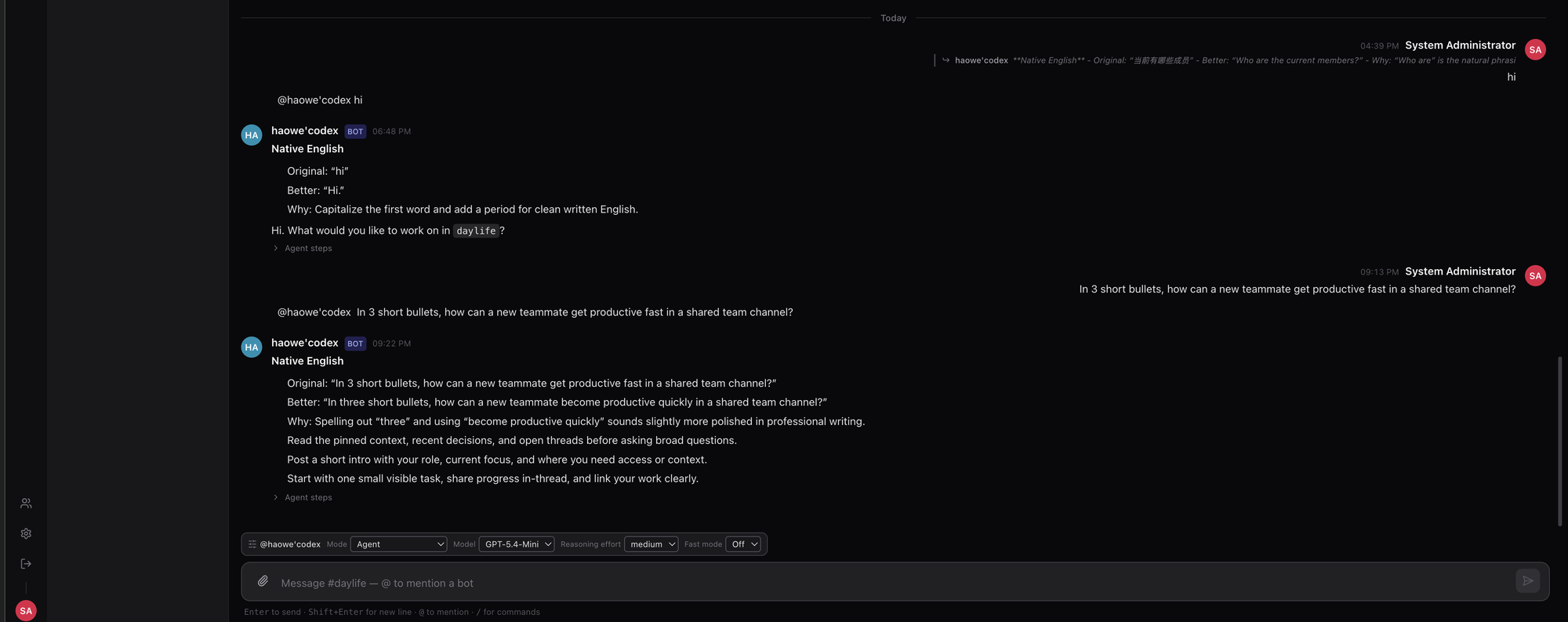 A Cheers channel where a person @-mentions an AI agent bot; the agent replies inline with a short checklist, the right-hand Viewboard panel visualizes the human–agent interaction as a timeline, and the composer exposes per-message model and reasoning controls.