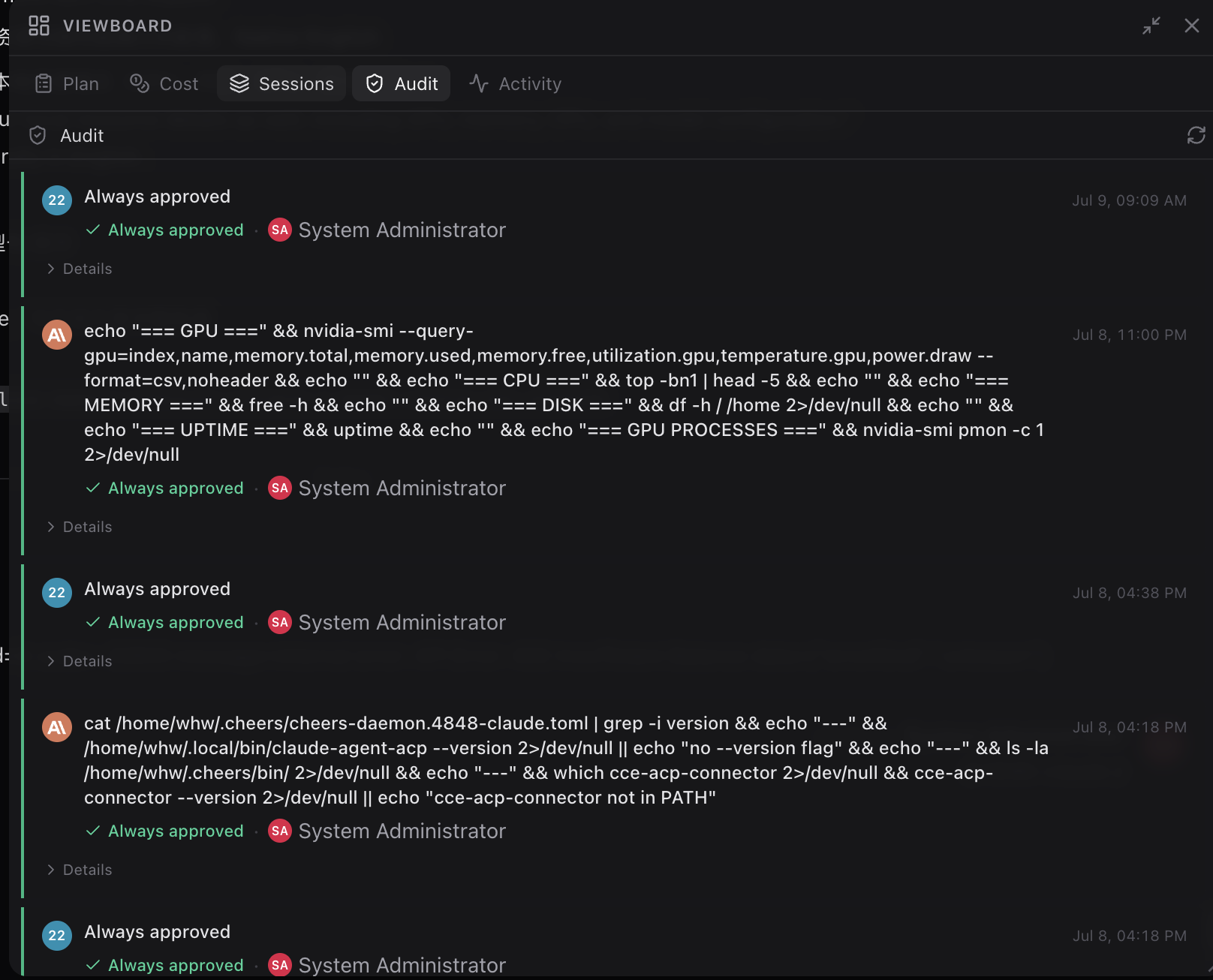 The Viewboard Audit tab listing each shell command executed by an agent together with the approval decision and the approving user.