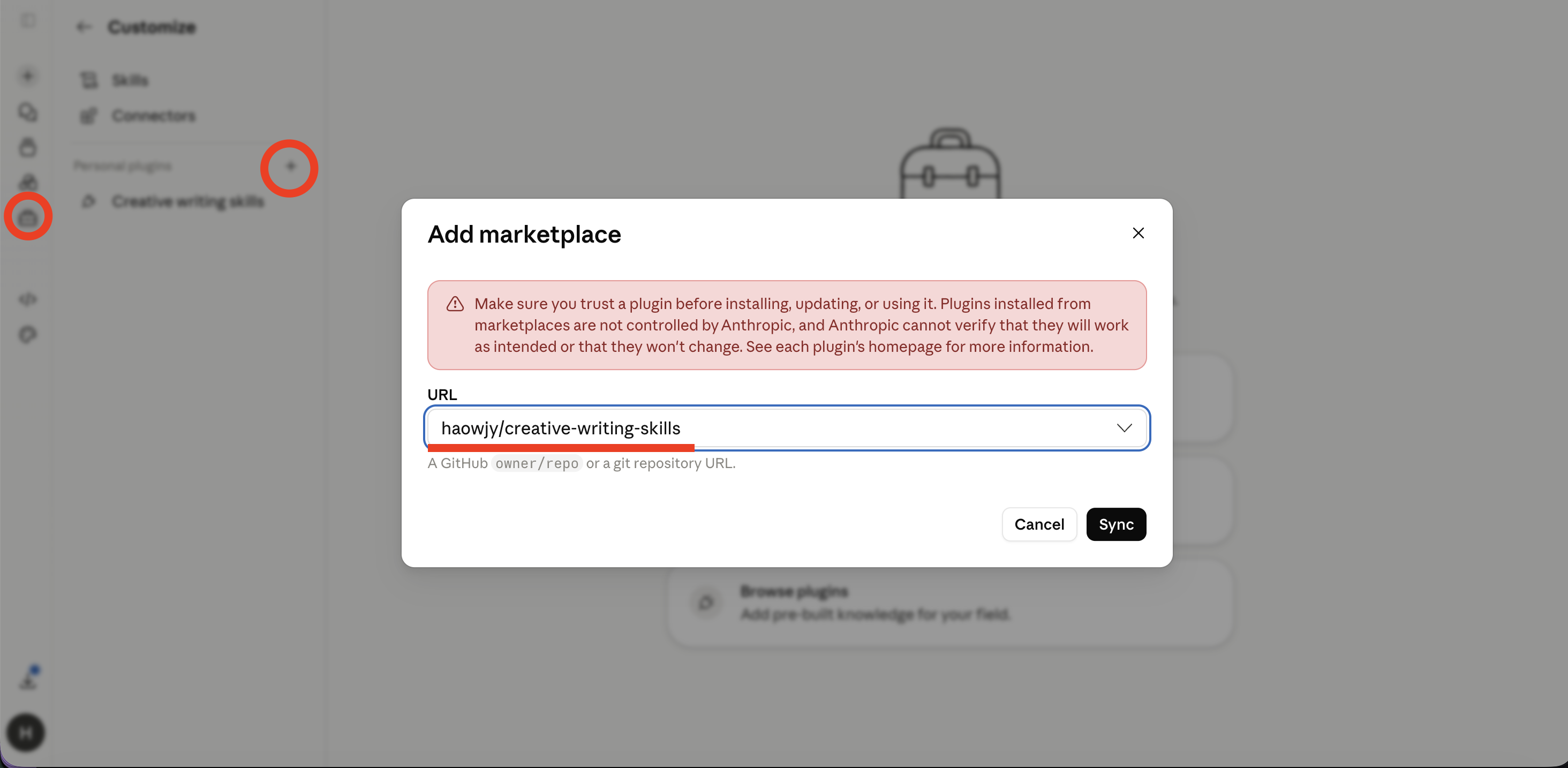 Adding the marketplace in claude.ai: the plugins icon and + in the sidebar, with the repository entered in the Add marketplace dialog