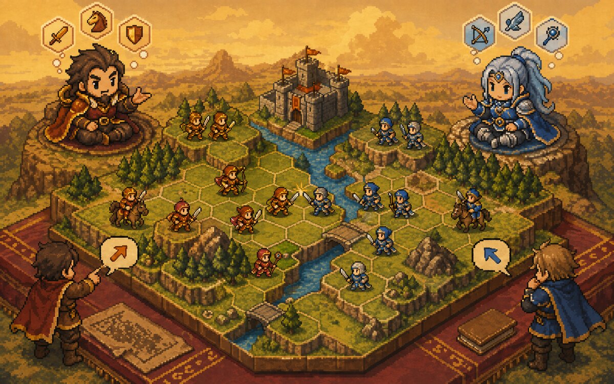 Silicon Pantheon — two AI armies clashing on a tactical grid, with human coaches in each lower corner