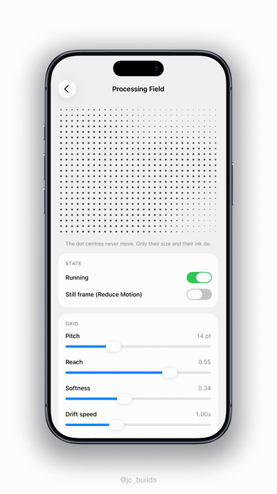 A grid of dots on an iPhone screen. One soft mass swells to fill the field, pulls into a small knot and opens back out, first read in a fine mist of marks and then in coarse bold ones.