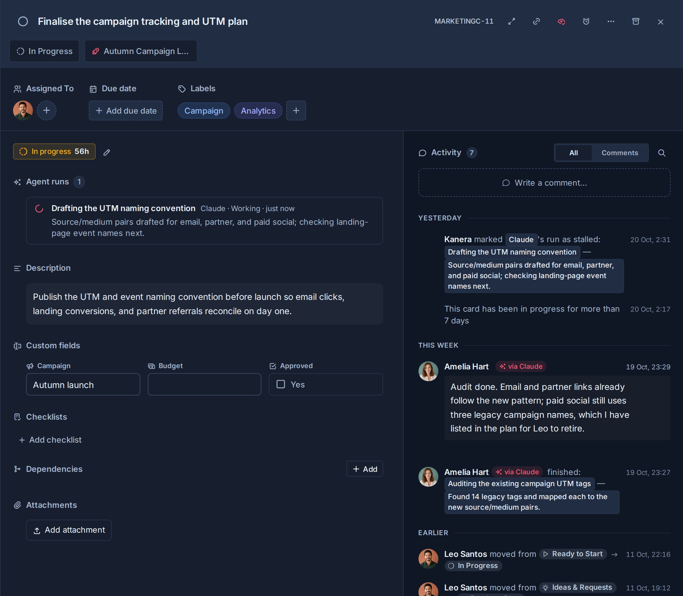 Kanera card detail showing a live Claude run with a progress note and agent-attributed comments and finished work in the activity feed