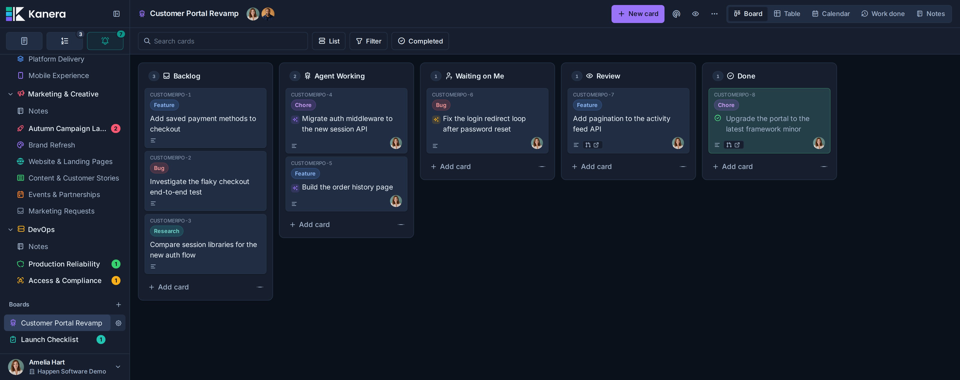 Kanera Agent Workflow board with Backlog, Agent Working, Waiting on Me, Review, and Done lists, including live agent run chips