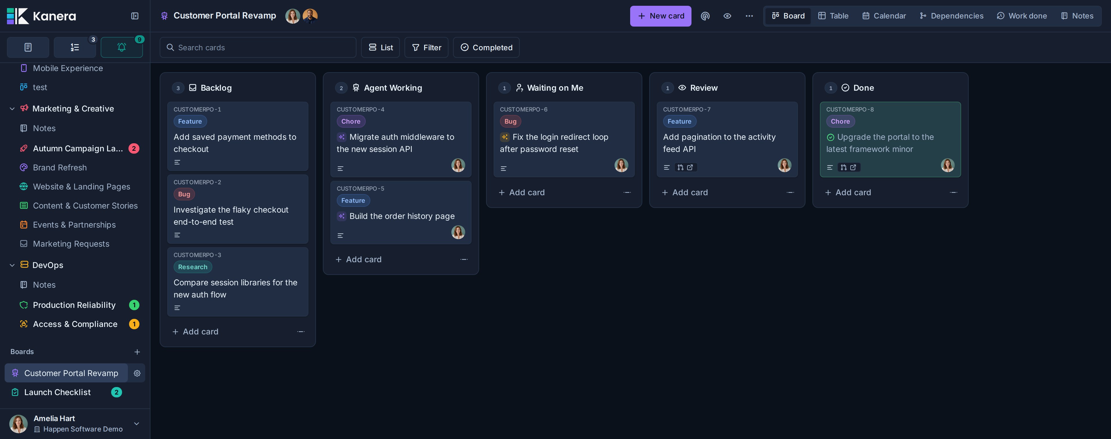 Kanera Agent Workflow board with Backlog, Agent Working, Waiting on Me, Review, and Done lists, including live agent run chips