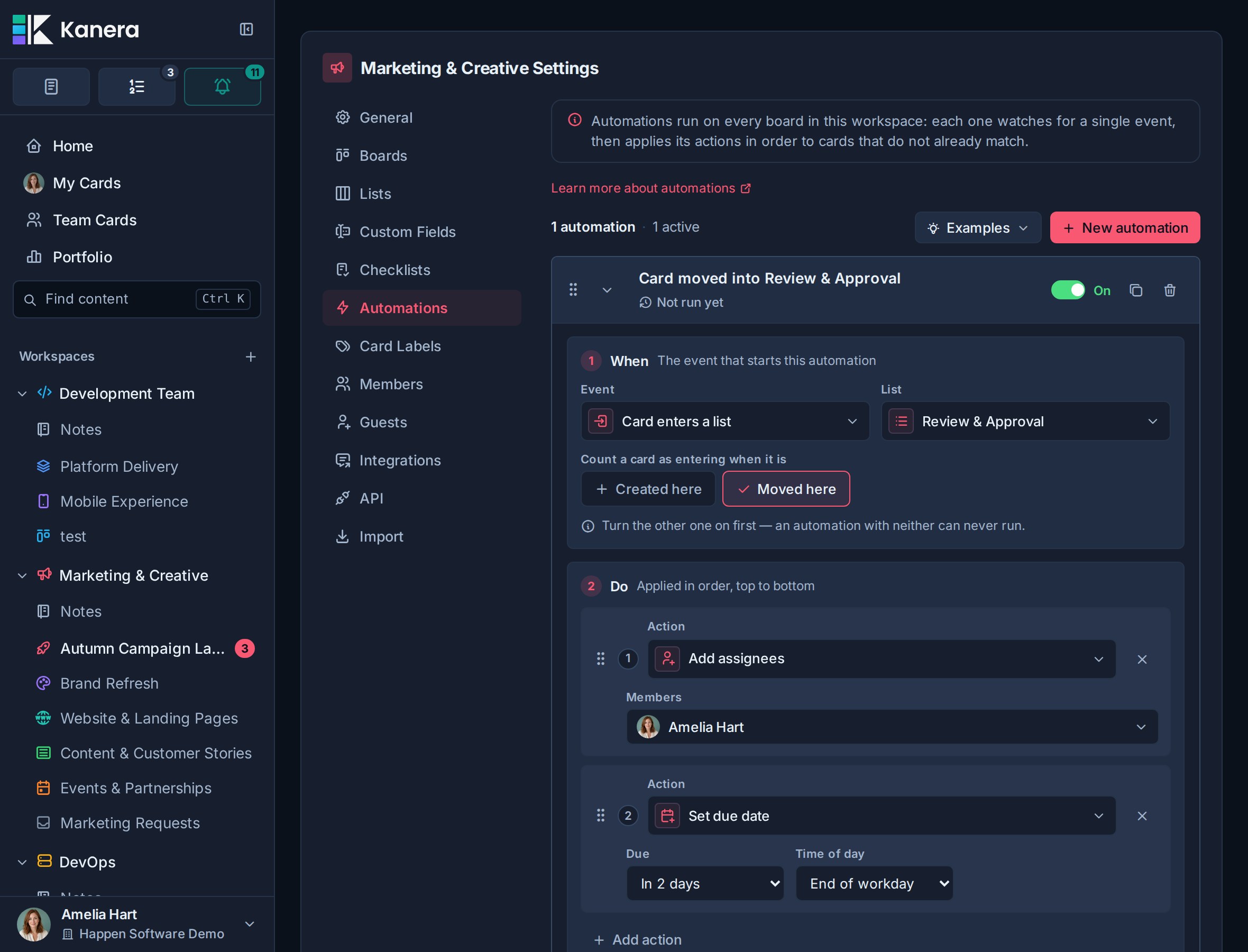 Kanera automation builder showing a trigger and ordered card actions