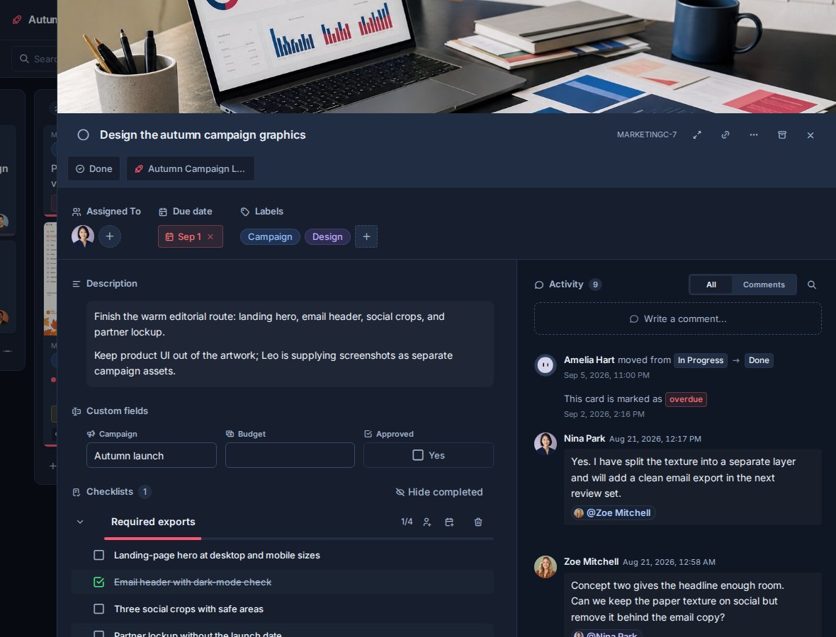 Kanera card detail showing custom fields, an assignable checklist, comments, and activity