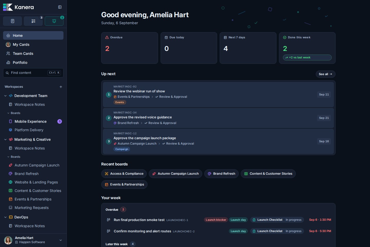 Kanera Home showing Amelia's focus tiles, ranked Up next queue, recent boards, and weekly agenda in dark mode