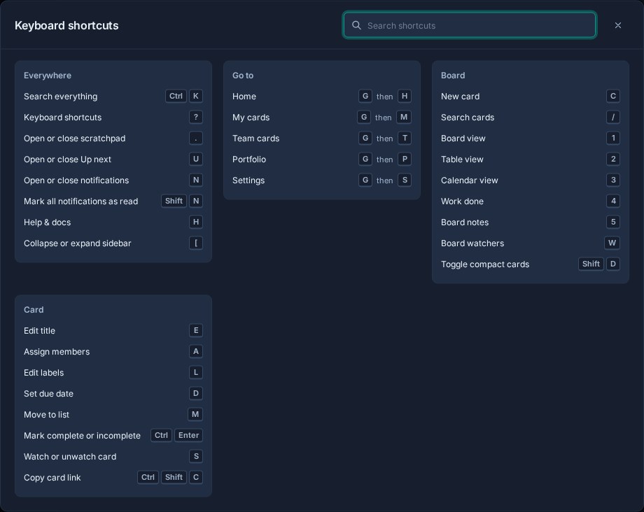 Kanera keyboard shortcut sheet showing global, navigation, board, and open-card actions