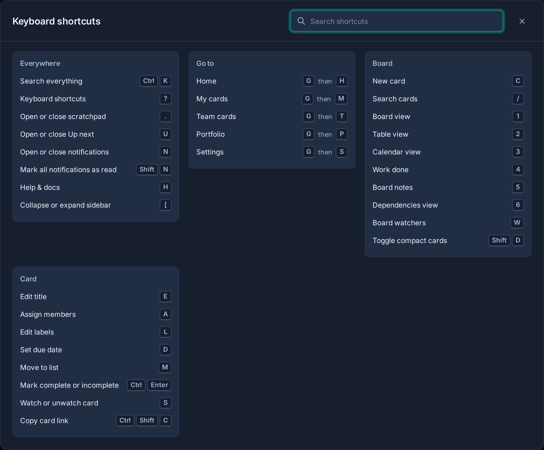 Kanera keyboard shortcut sheet showing global, navigation, board, and open-card actions