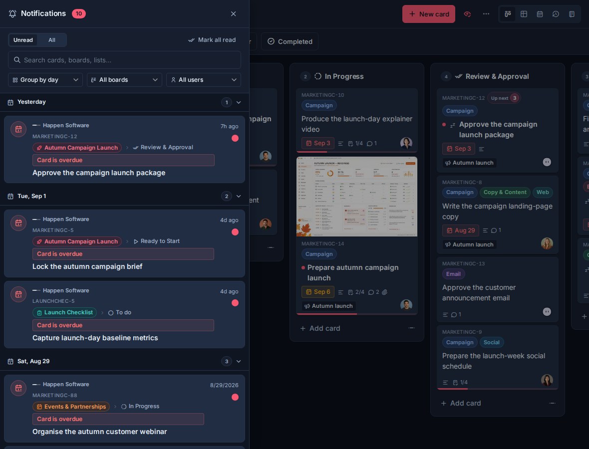 Kanera notification drawer over a project board