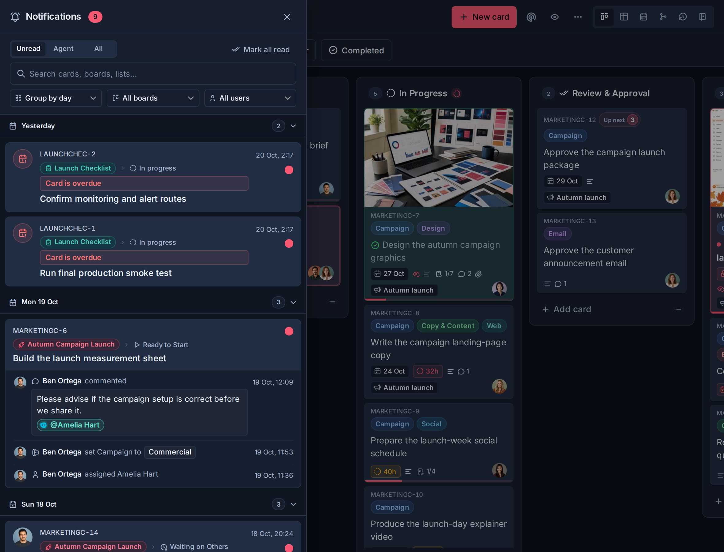 Kanera notification drawer over a project board