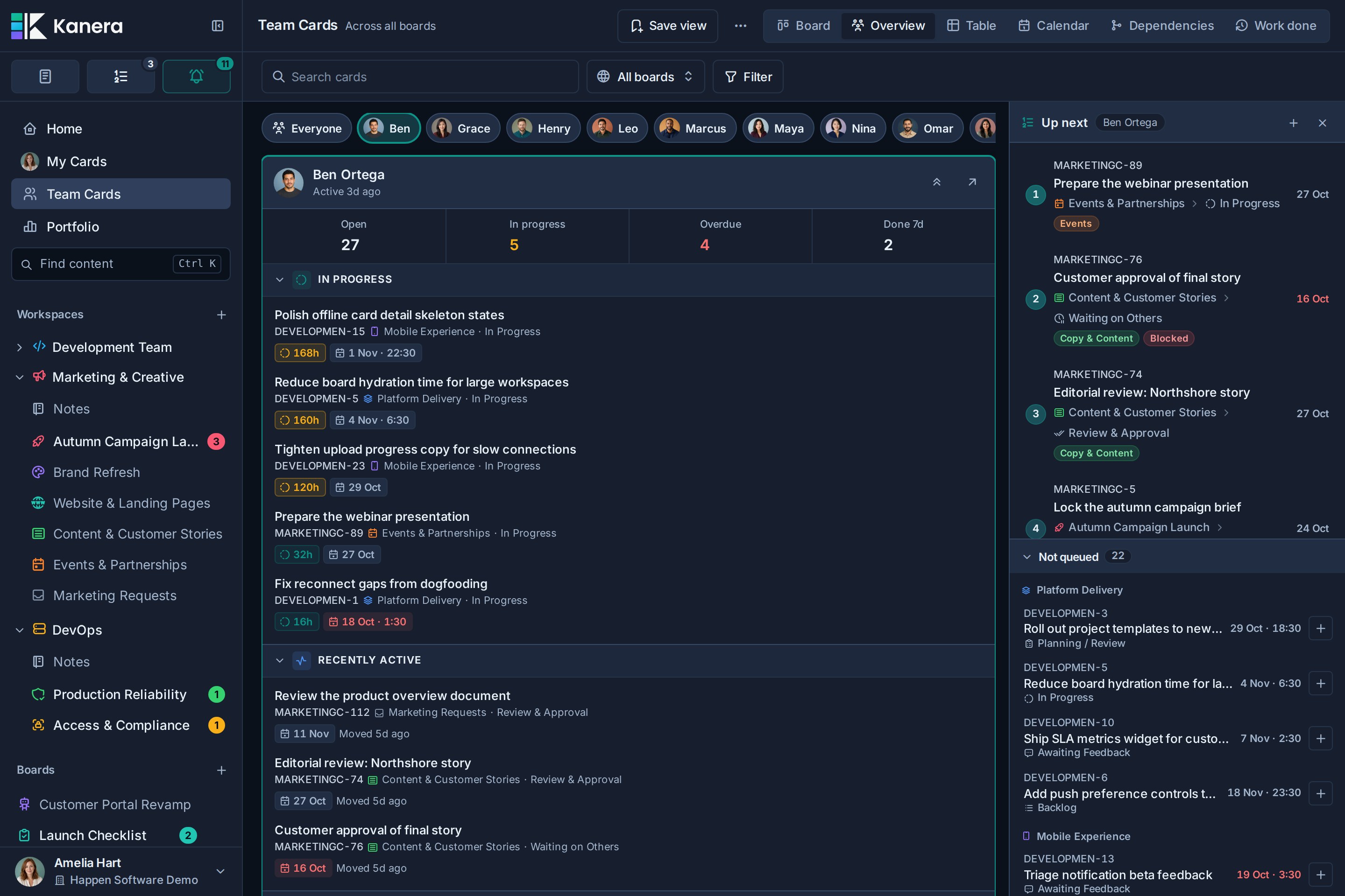Kanera Team overview focused on Ben Ortega with his ranked Up next queue and the open cards not yet queued docked beside his panel