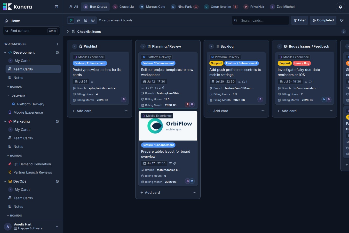 Kanera Assigned Work view showing a team member's cards across multiple boards