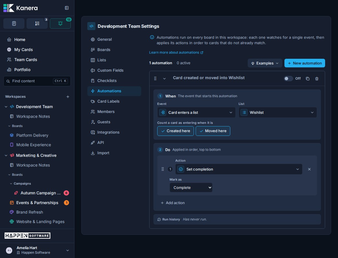 Kanera automation builder showing a trigger and ordered card actions