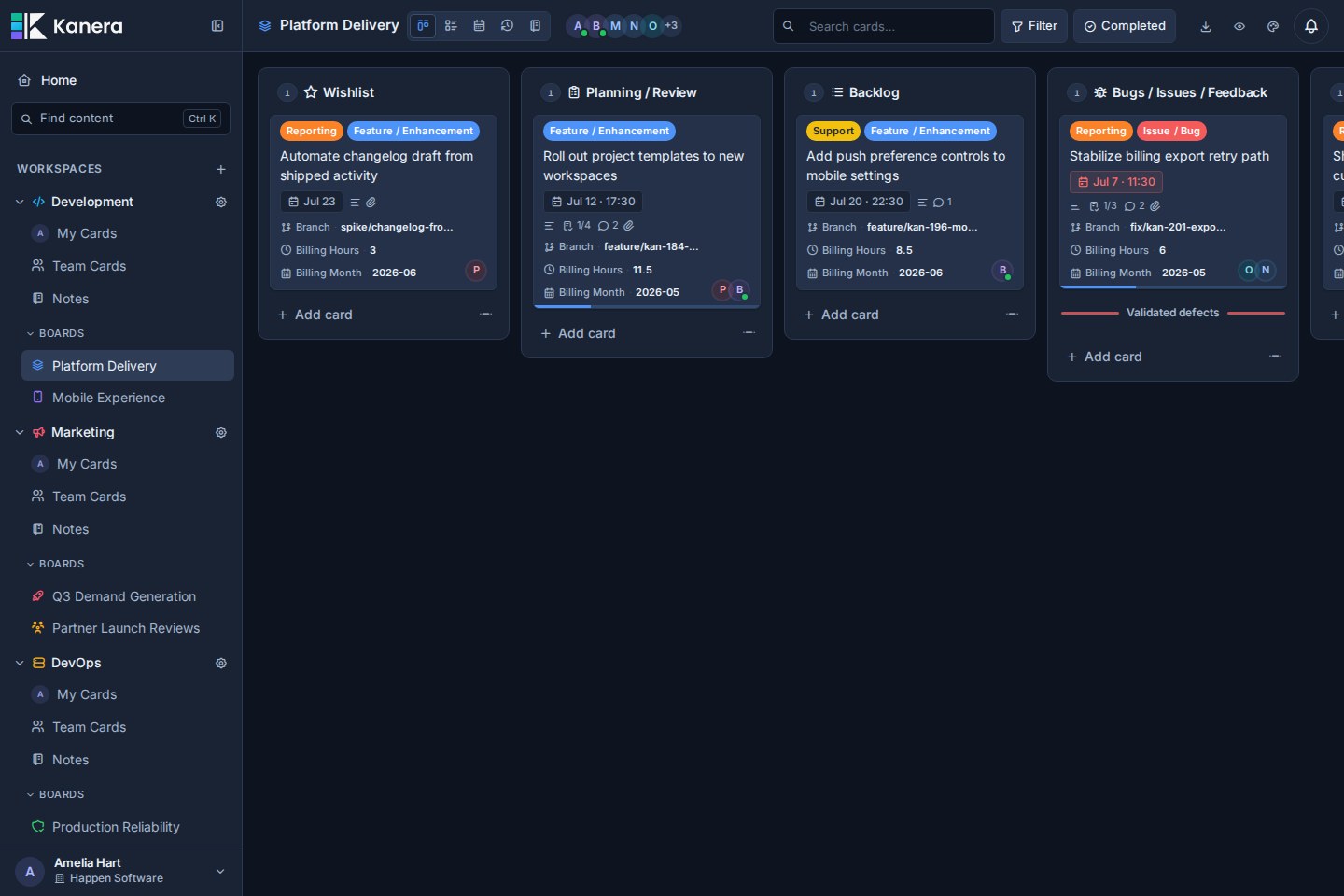 Kanera's Platform Delivery board showing work organised into shared lists