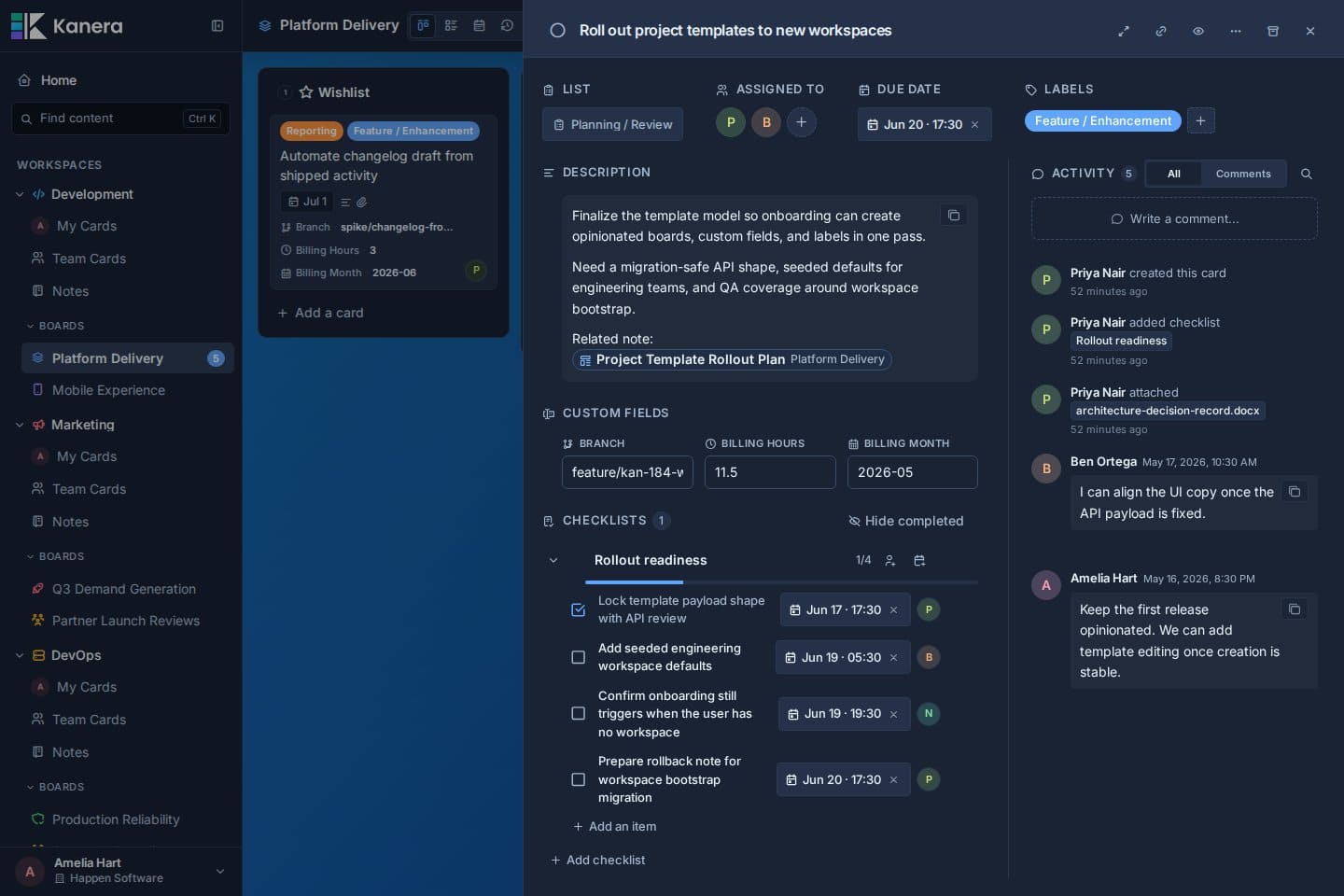 Kanera card detail showing custom fields, an assignable checklist, comments, and activity