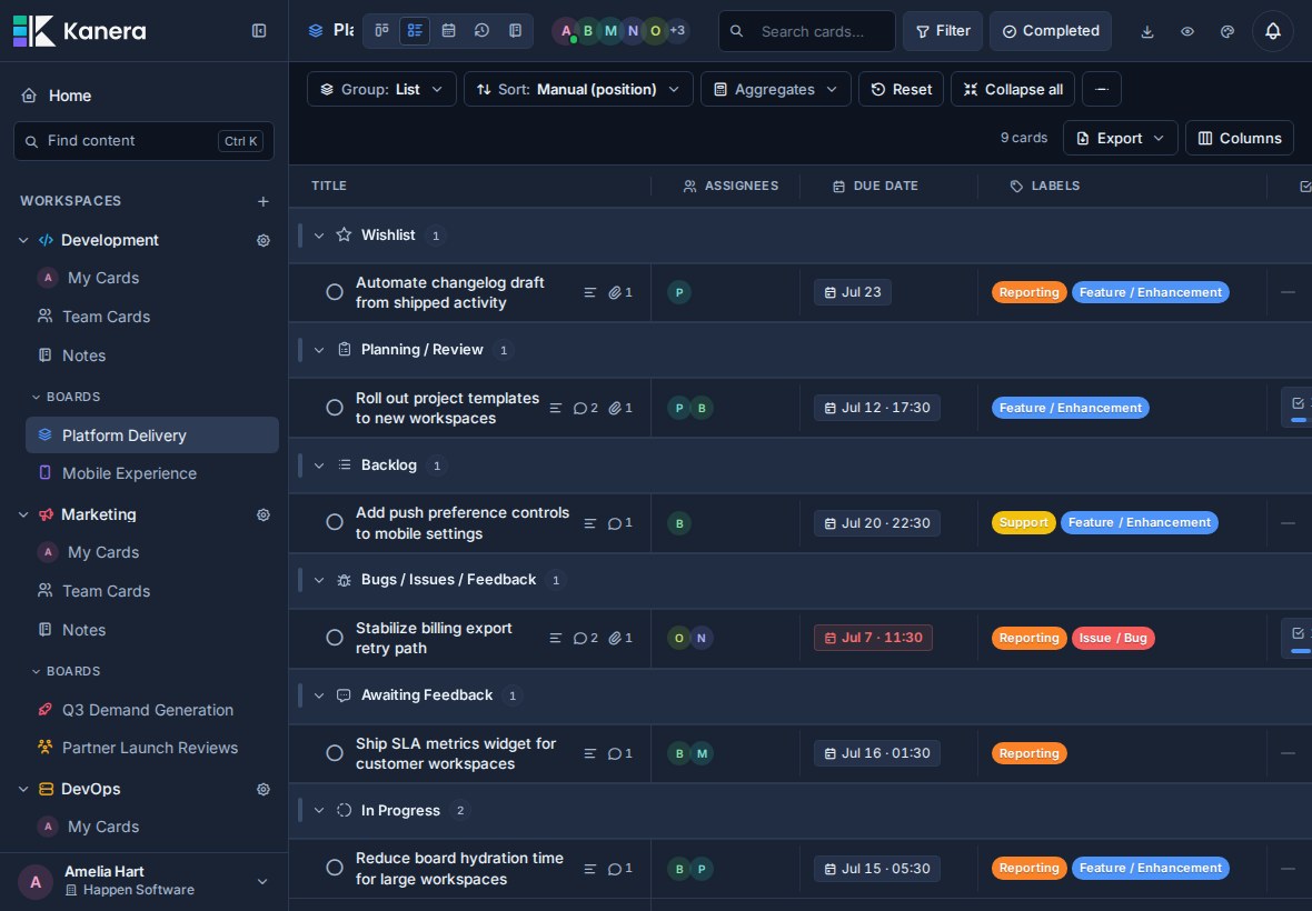 Kanera List view showing grouped card rows with aggregate and export controls