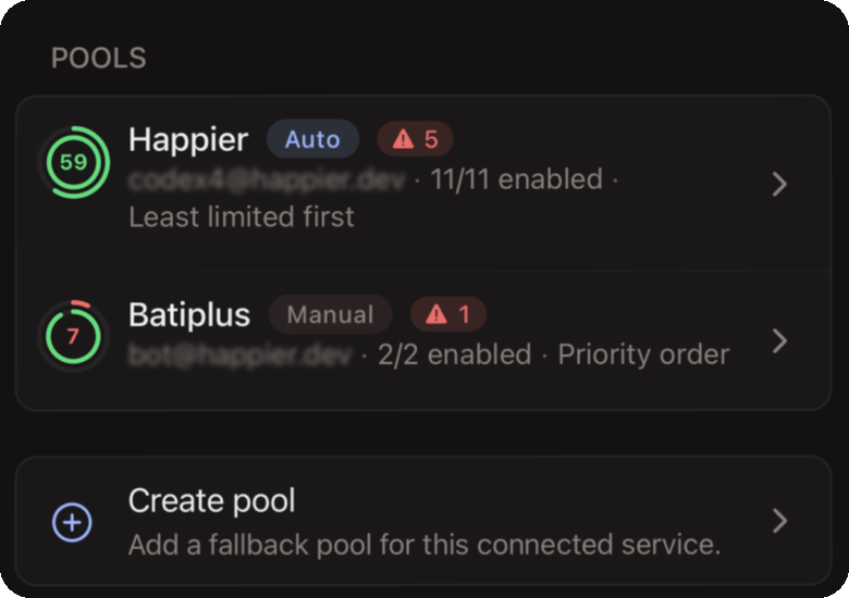 Account pools list with an automatic and a manual pool and a Create pool button
