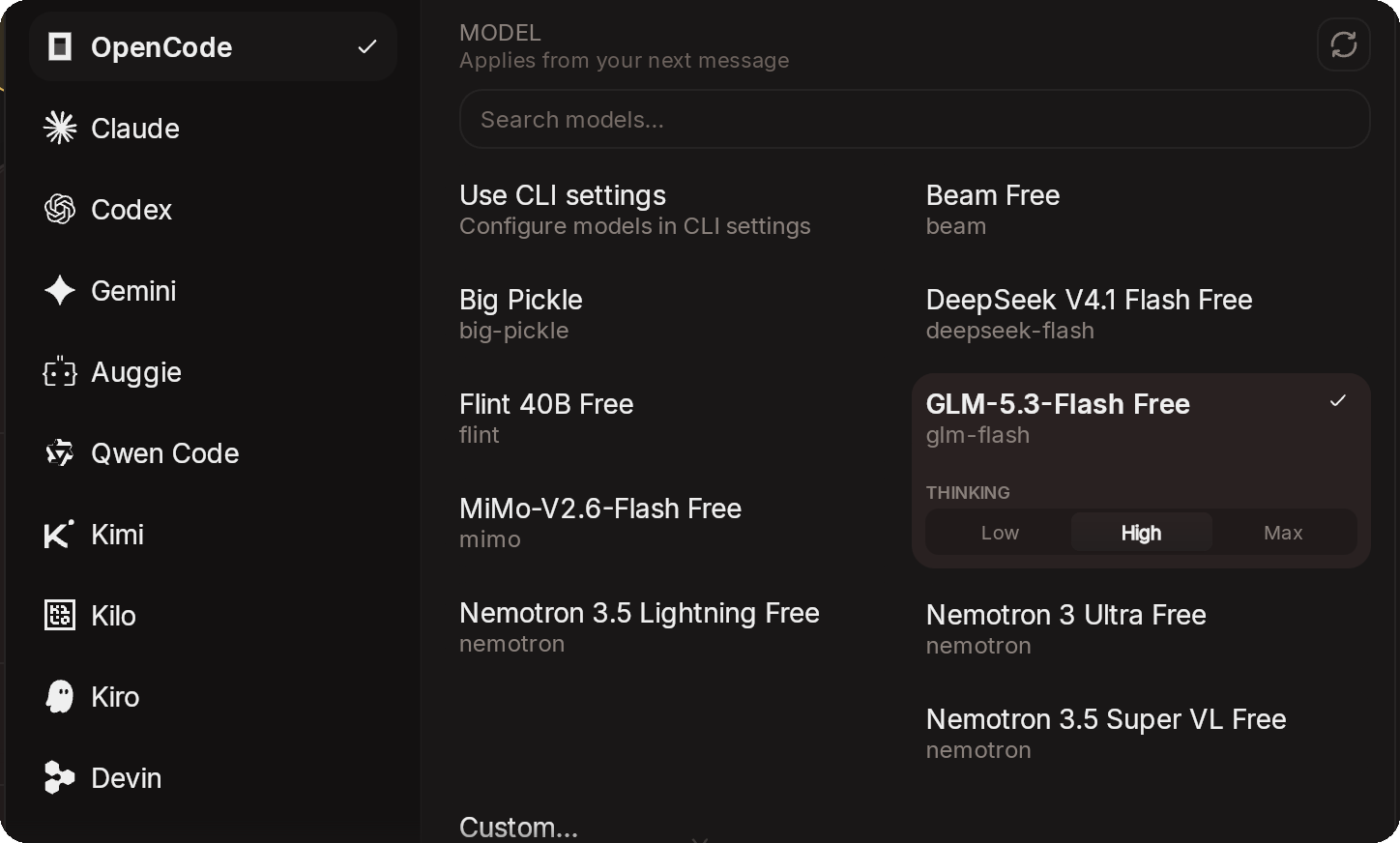 Agent and model picker with OpenCode, Claude, Codex and other agents