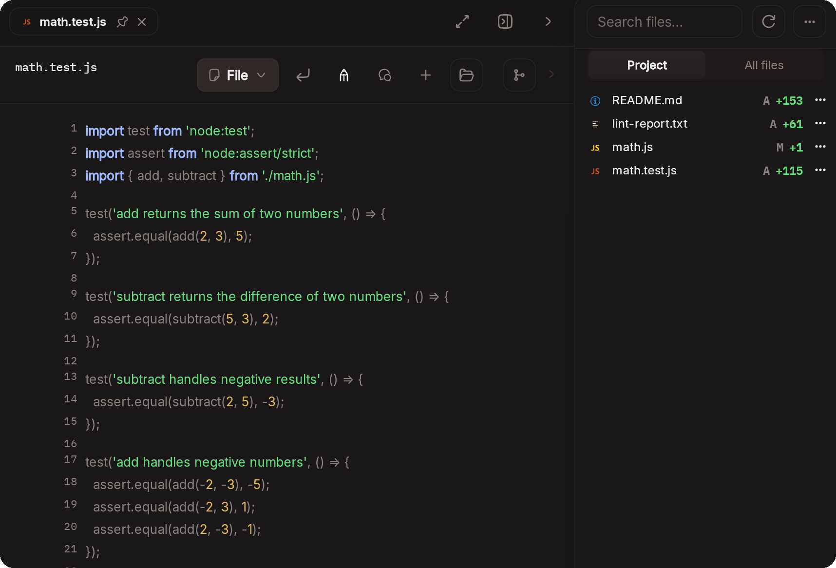 File editor open on a project file next to the project file list