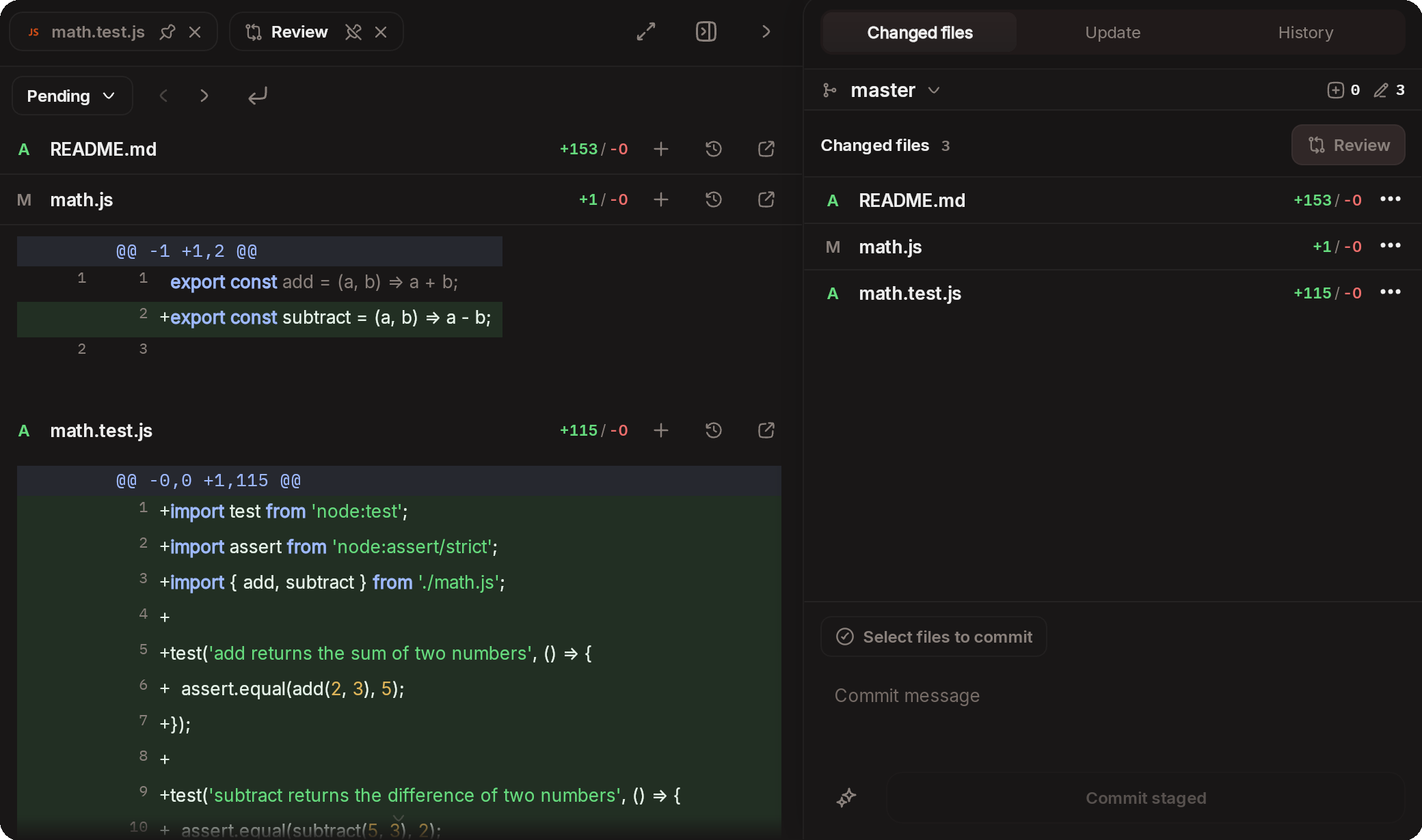 Review diff with stage buttons next to the Git panel with changed files and a commit message field