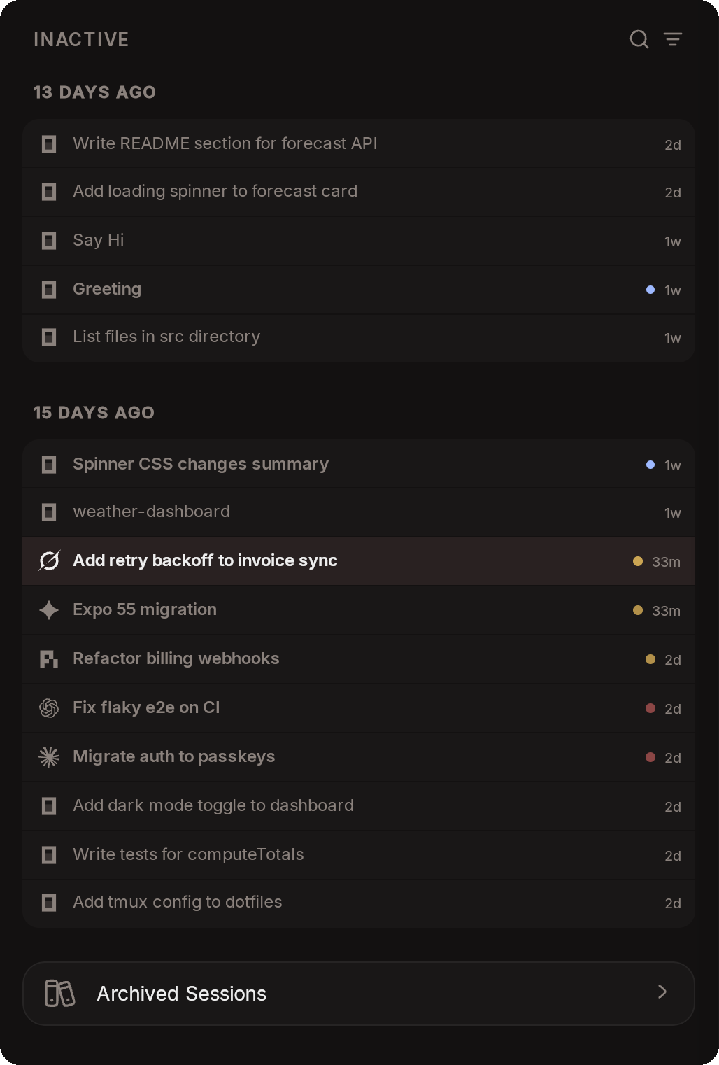 Session list with several sessions running in parallel