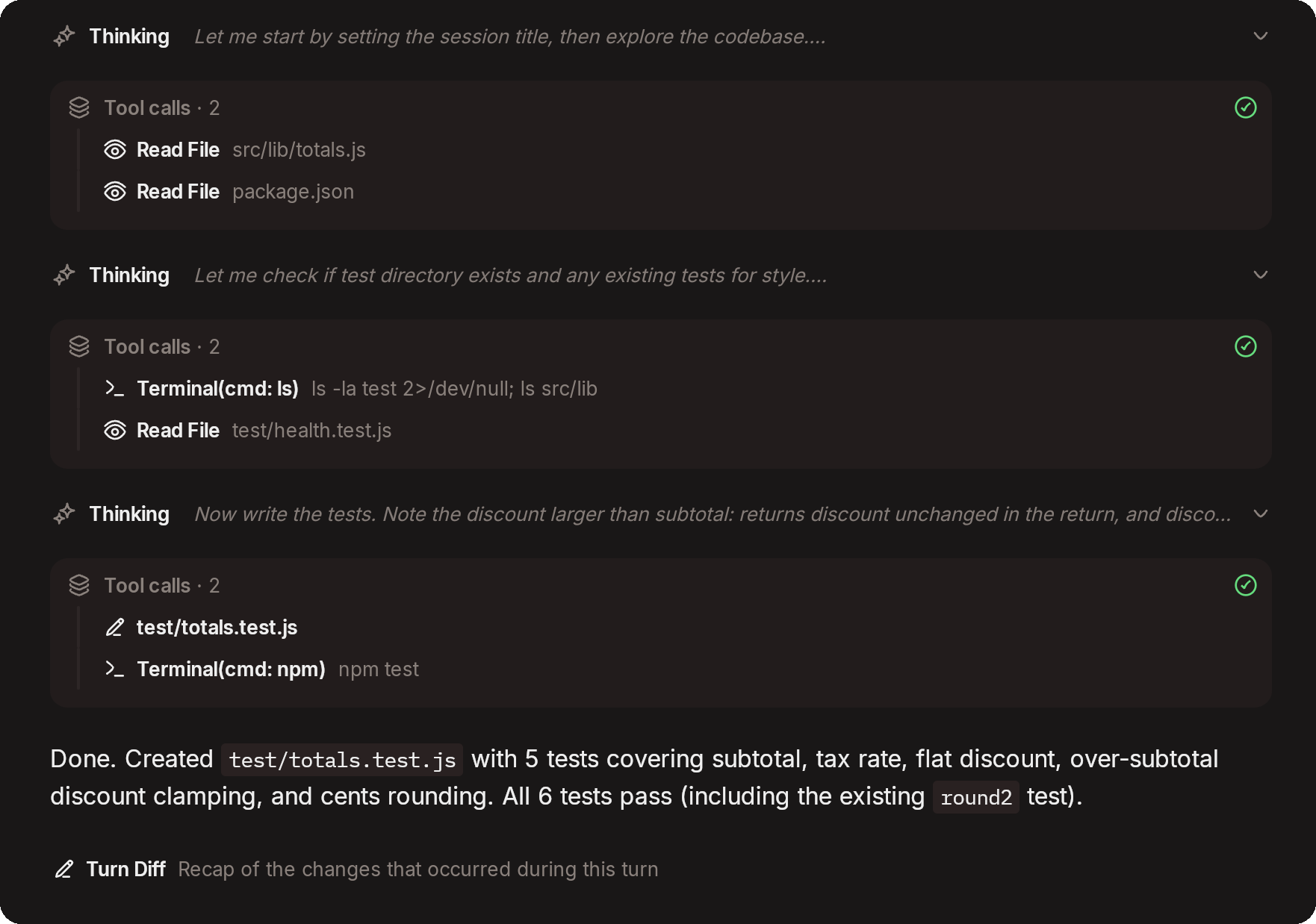 A Happier session showing the agent thinking, tool calls and the final reply