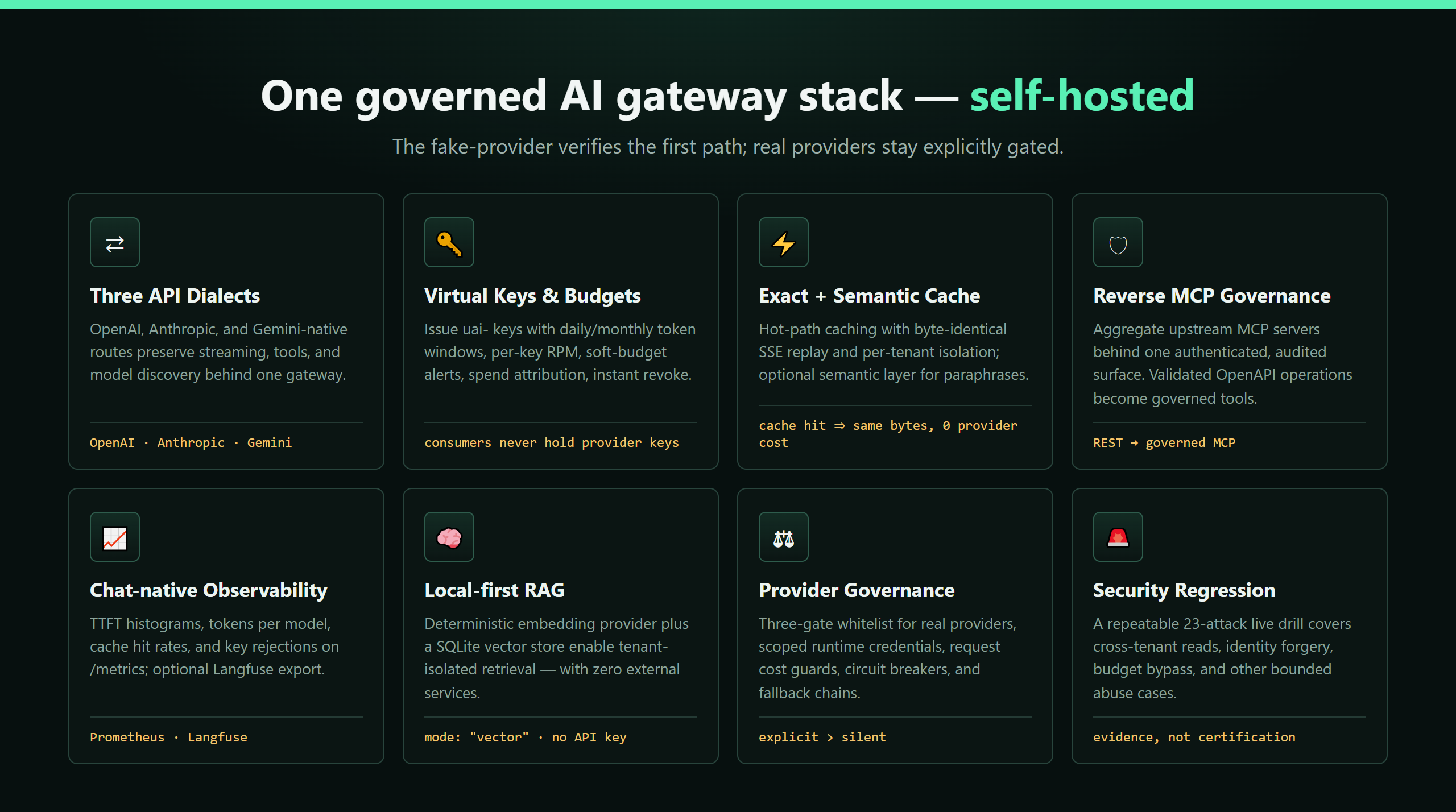 Capability cards: OpenAI, Anthropic, and Gemini APIs; virtual keys and budgets; exact and semantic cache; reverse MCP governance; observability; local-first RAG; provider governance; and a 23-attack security regression