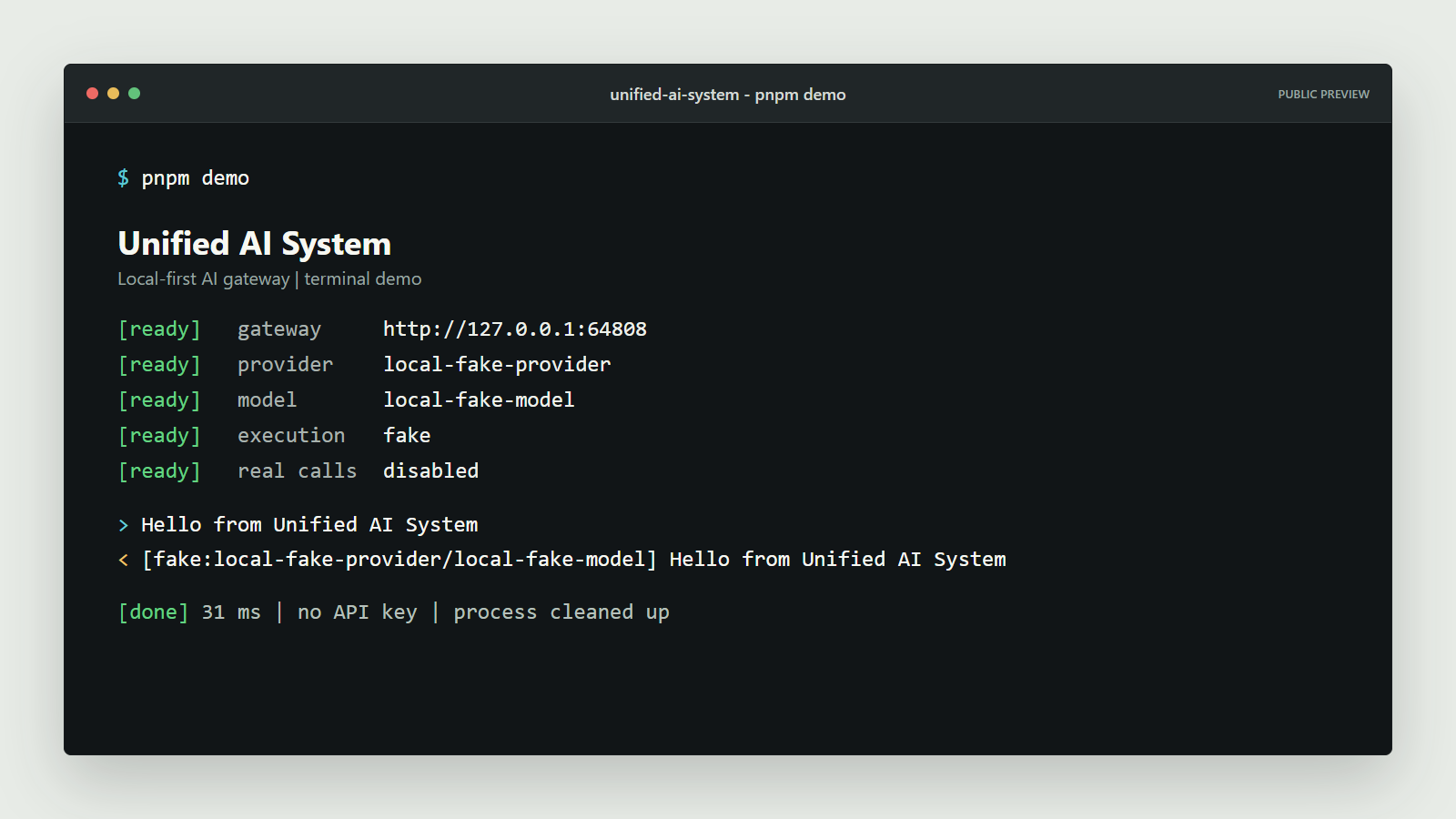 Unified AI System credential-free terminal demo