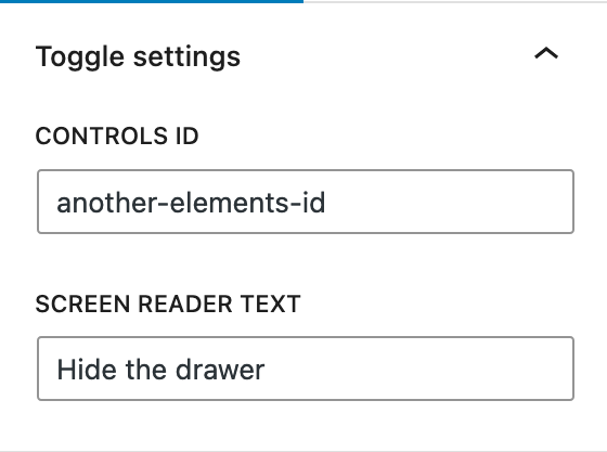 A screenshot of the sidebar panel in the block editor with text input fields for Controls ID and screen reader text.