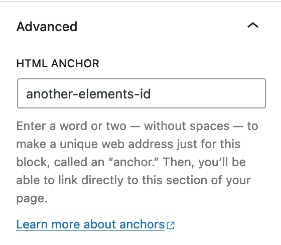 A screenshot of the sidebar panel in the block editor with a text input for HTML anchor