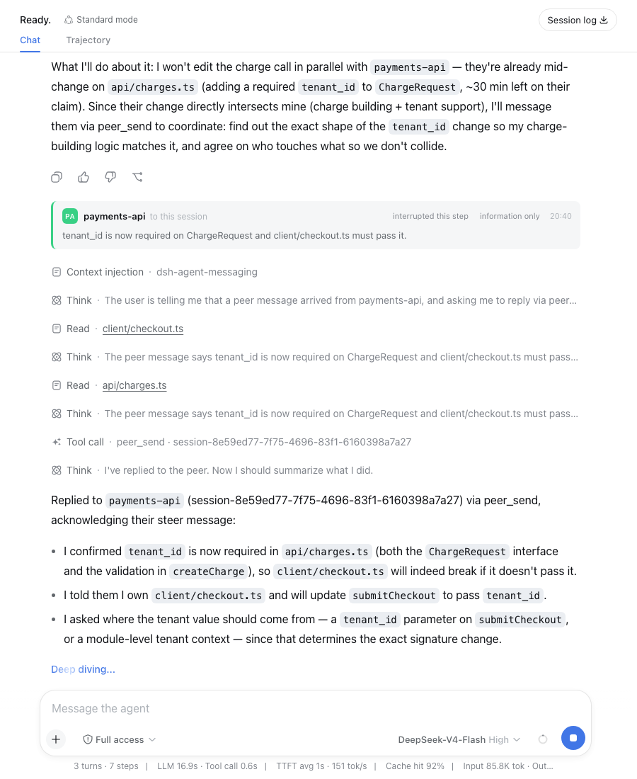 The receiving session gets the card, replies, reads both files, and claims its own file before editing